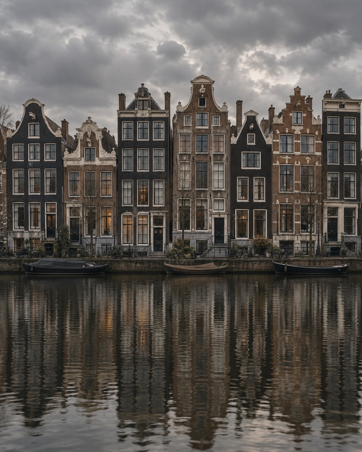 Schmale Grachtenhäuser in Amsterdam mit Wasser im Vordergrund