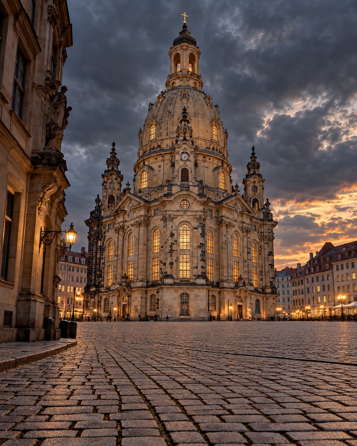 Dresdner Frauenkirche in stimmungsvoller Architekturperspektive