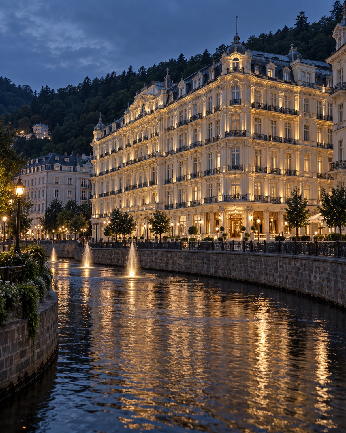 Beleuchtetes Grandhotel Pupp am Fluss zur blauen Stunde