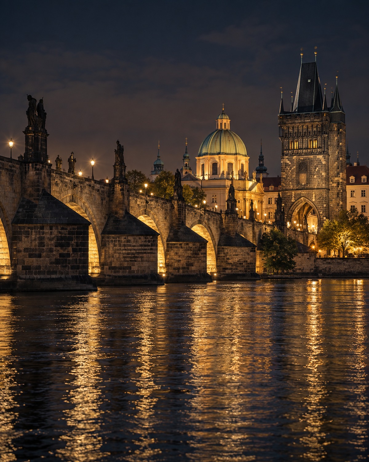 Beleuchtete Karlsbrücke bei Nacht mit Spiegelungen in der Moldau