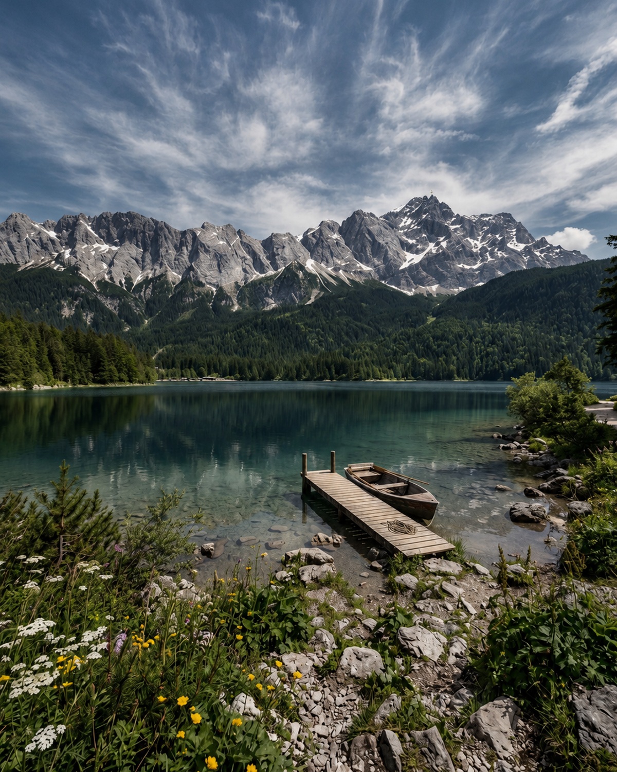 Bergsee mit Boot am Steg vor einer alpinen Bergkette