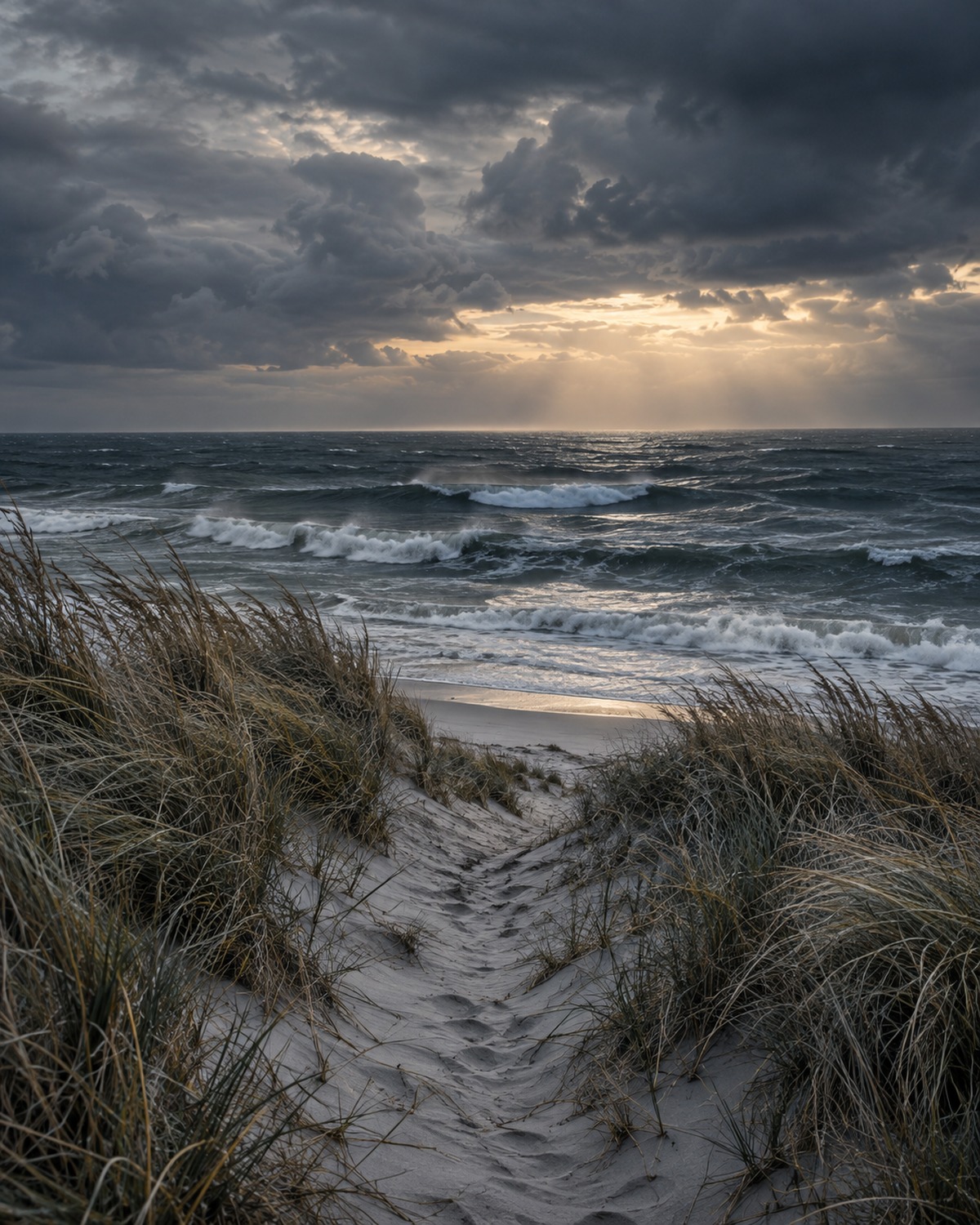 Ostseeküste mit Dünen, dunklen Wellen und stimmungsvollem Wolkenhimmel