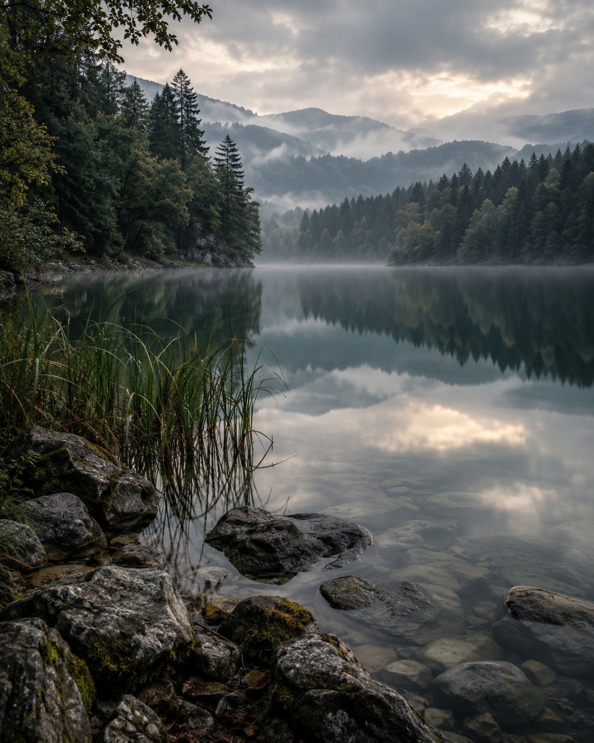 Idyllischer See mit stillen Spiegelungen, bewaldeten Ufern und weichem Morgennebel