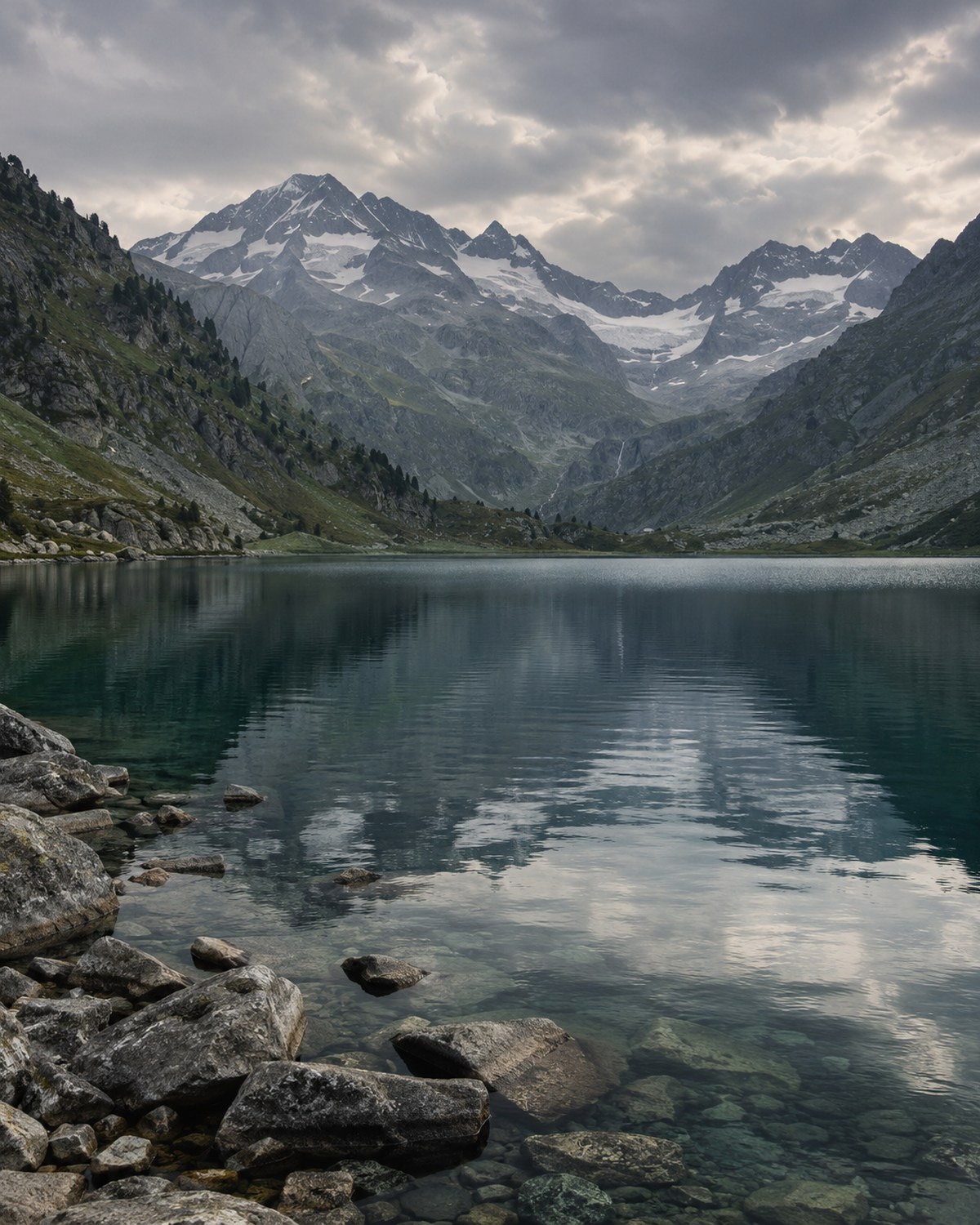 Ruhiger Bergsee unter weichem bewölktem Himmel