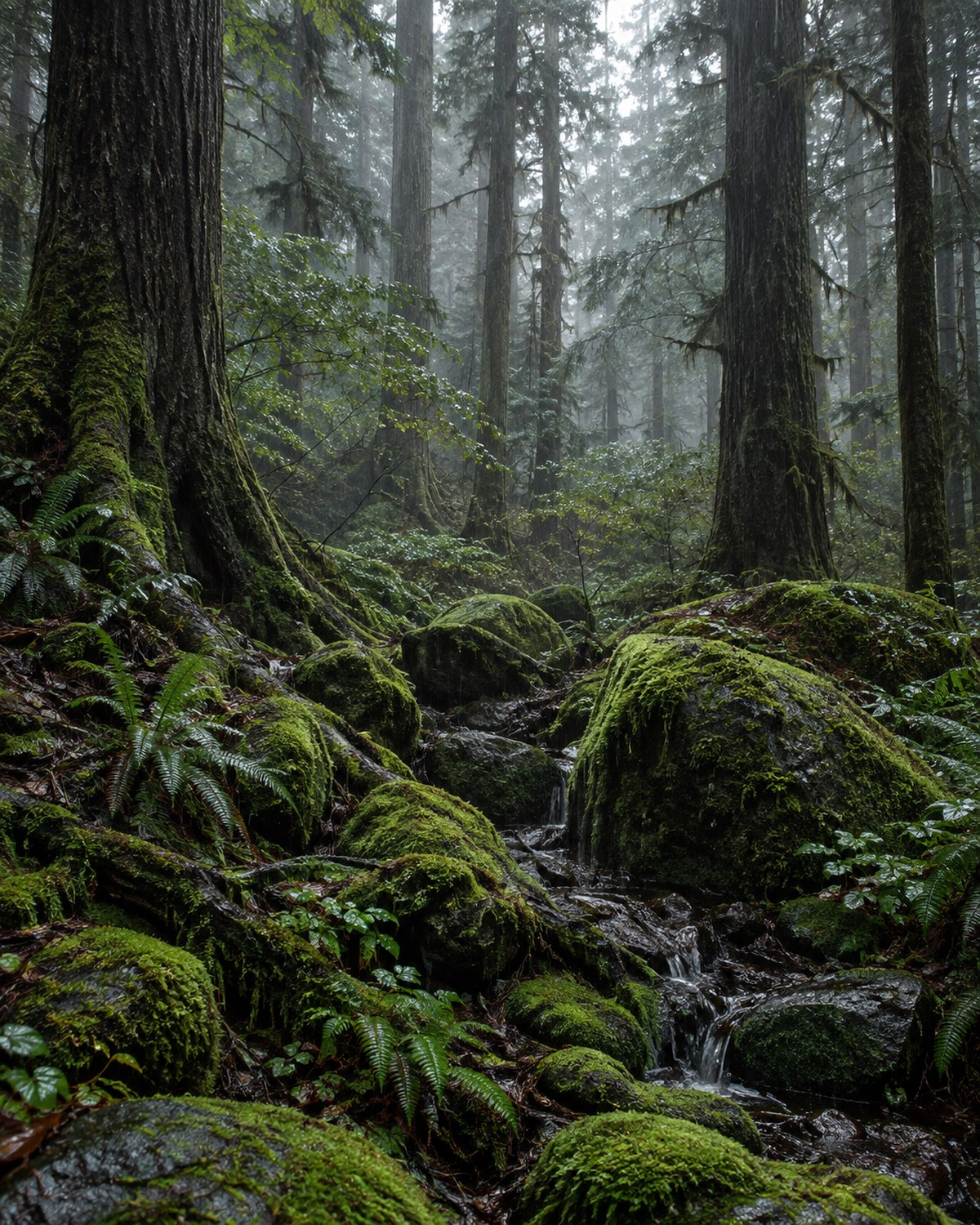 Verregneter Wald mit dichtem Moosboden und nassen Baumstämmen