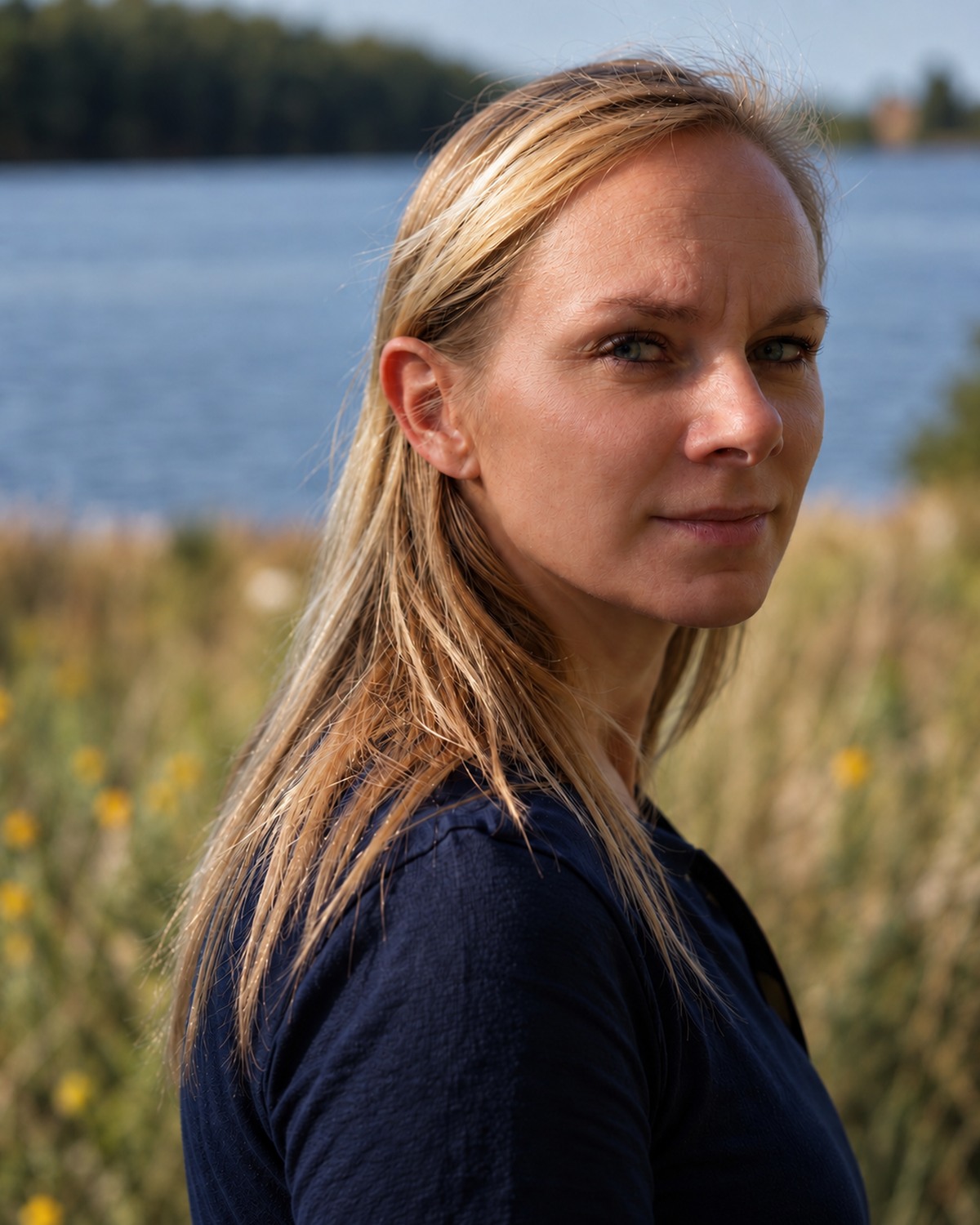 Blonde Frau am See in einem gedämpften Editorial-Porträt